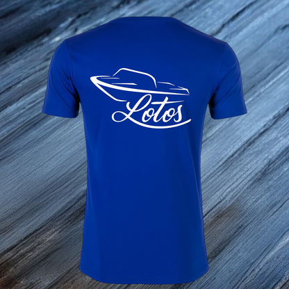 Lotos Sportboot Premium Shirt Royal Blue Herren mit weißem Lotos Logo auf der Rückseite.