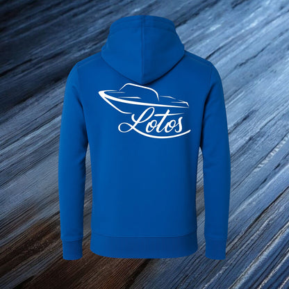 Lotos Sportboot Premium Hoodie Royal Blue Unisex mit weißem Lotos Logo auf der Rückseite.
