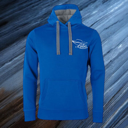 Lotos Sportboot Premium Hoodie Royal Blue Unisex mit weißem Lotos Logo auf Brusthöhe vorne rechts.