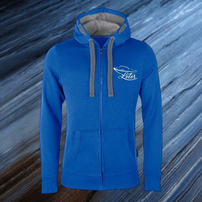 Lotos Sportboot Premium Hoodie Sweat Jacke Royal Blue Herren mit weißem Lotos Logo auf Brusthöhe vorne rechts.
