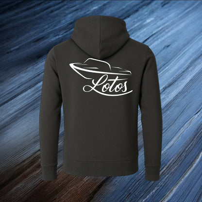 Lotos Sportboot Premium Hoodie Dark Grey Unisex mit weißem Lotos Logo auf der Rückseite.