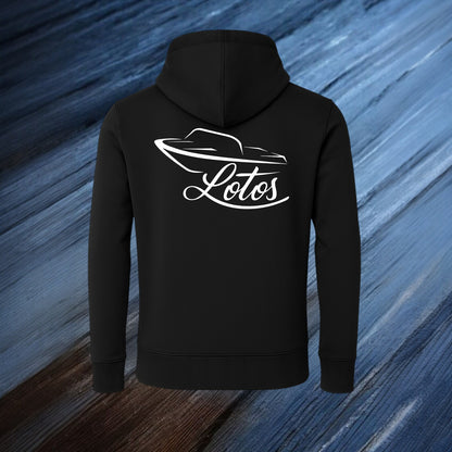 Lotos Sportboot Premium Hoodie Black Unisex mit weißem Lotos Logo auf der Rückseite.