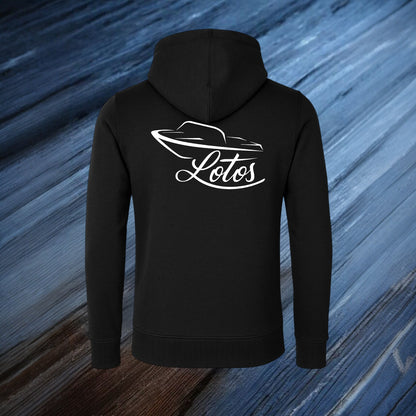 Lotos Sportboot Premium Hoodie Sweat Jacke Black Herren mit weißem Lotos Logo auf der Rückseite.