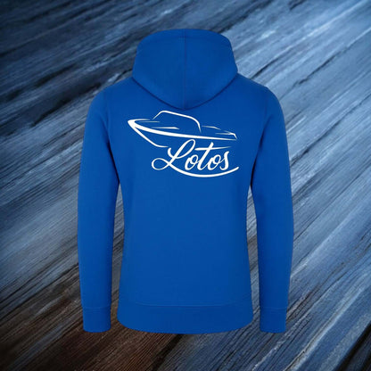 Lotos Sportboot Premium Hoodie Sweat Jacke Royal Blue Herren mit weißem Lotos Logo auf der Rückseite.